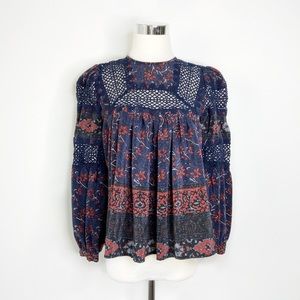 Sea | Floral Printed Silk Crochet Trim Blouse